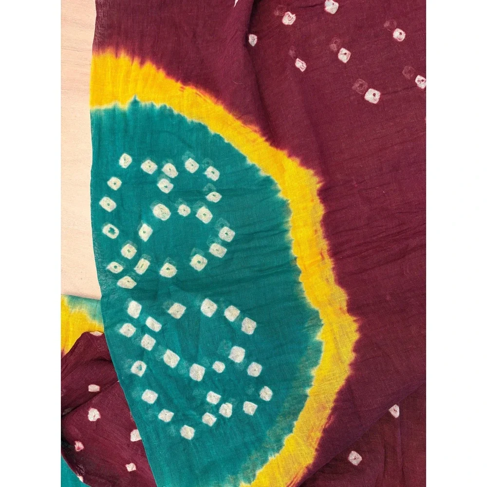 Handmade Bandhani Tie-Dye Cotton Scarf Dupatta Teal Maroon Yellow Indian Wrap